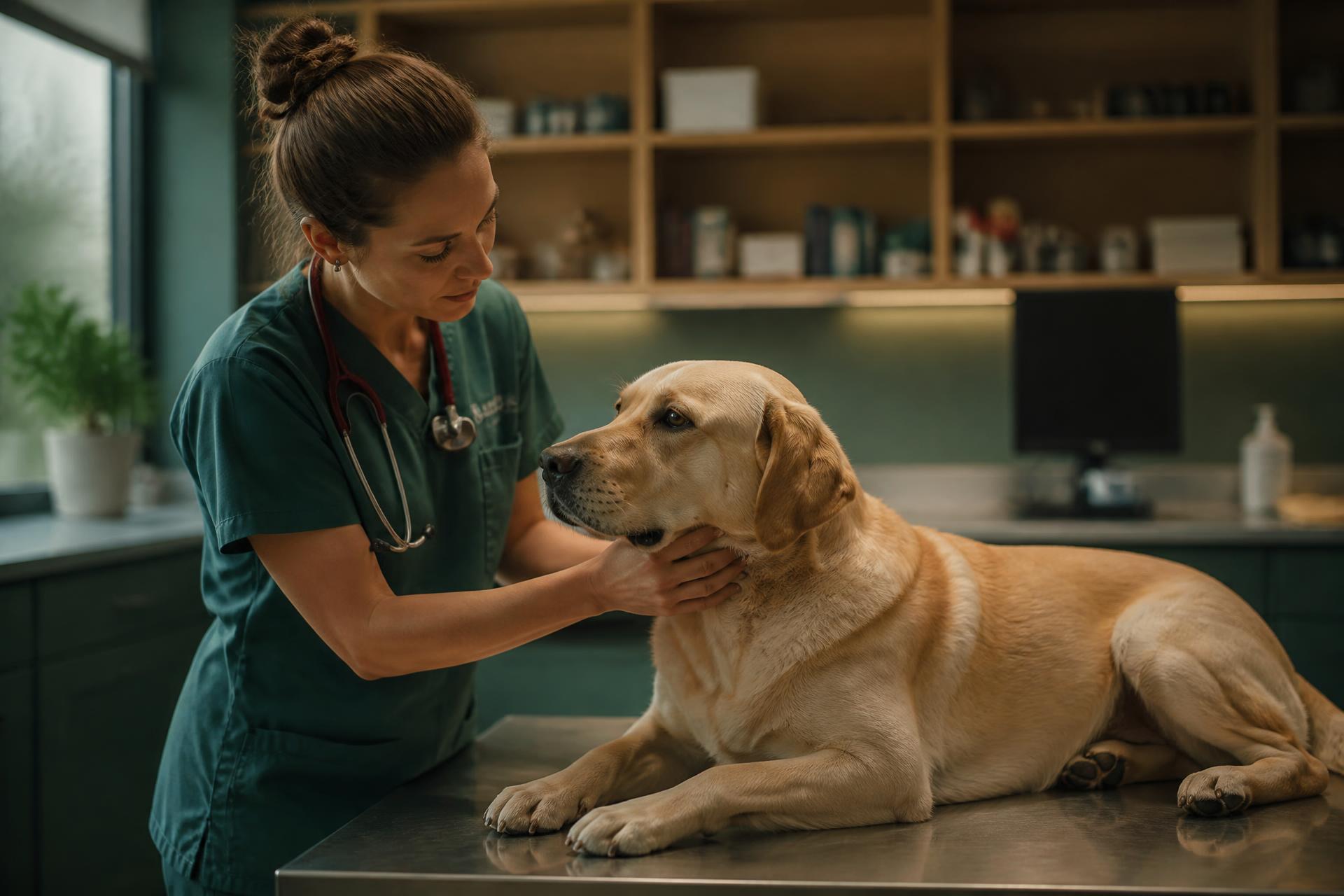A veterinary surgeon quietly examining a labrador in a modern independent UK practice